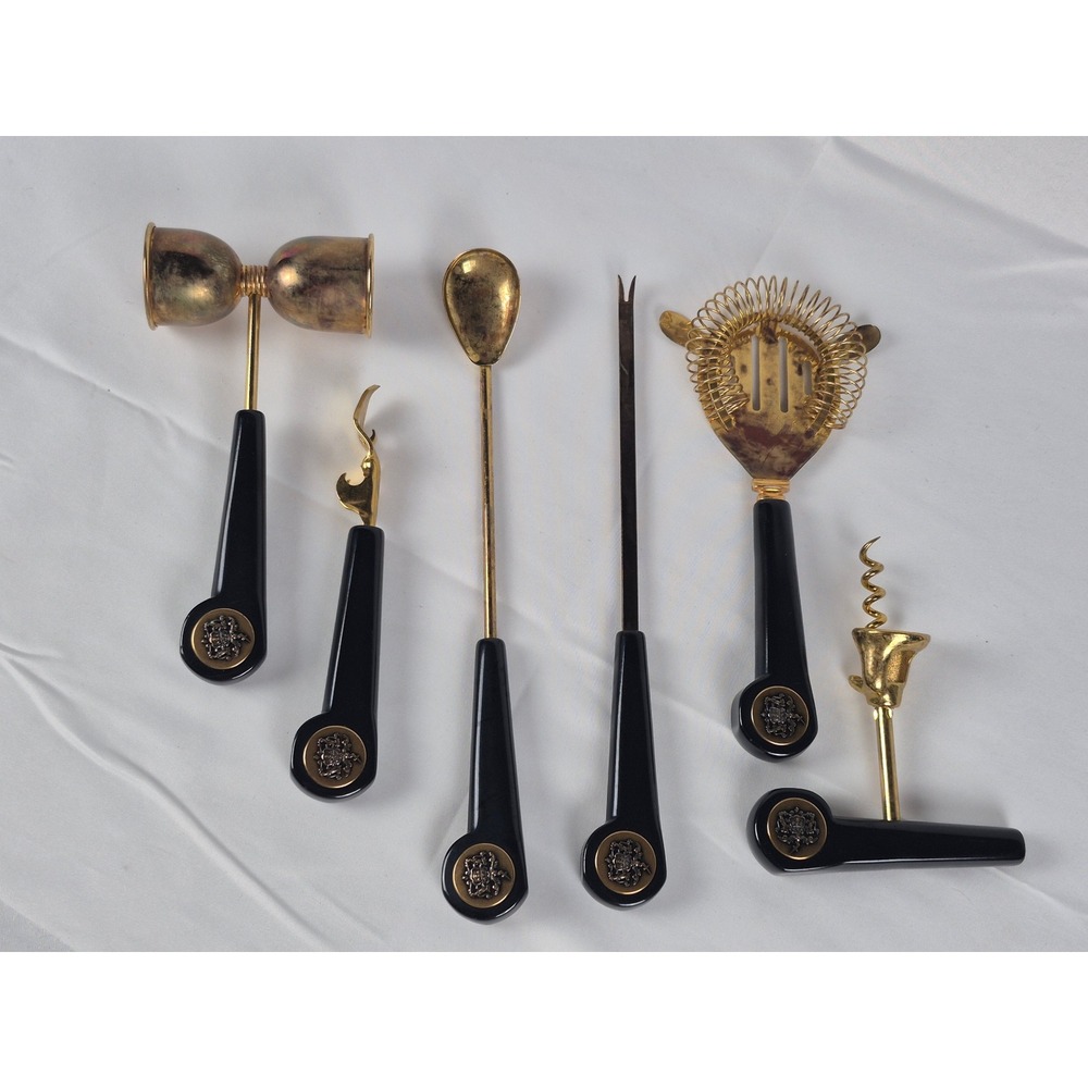 1960s Vintage 6pc MCM Bar Tool Set Black Lucite Style Gold Tone Cocktail Barware